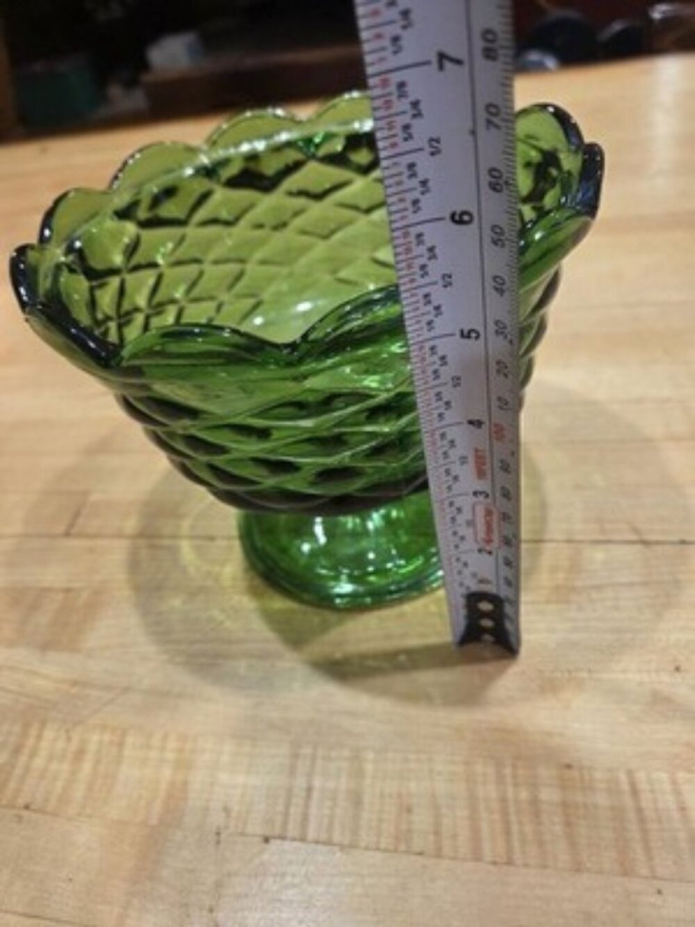 Vintage Indiana Glass Green Quilted Diamond Pedestal Candy Bowl Duette MCM